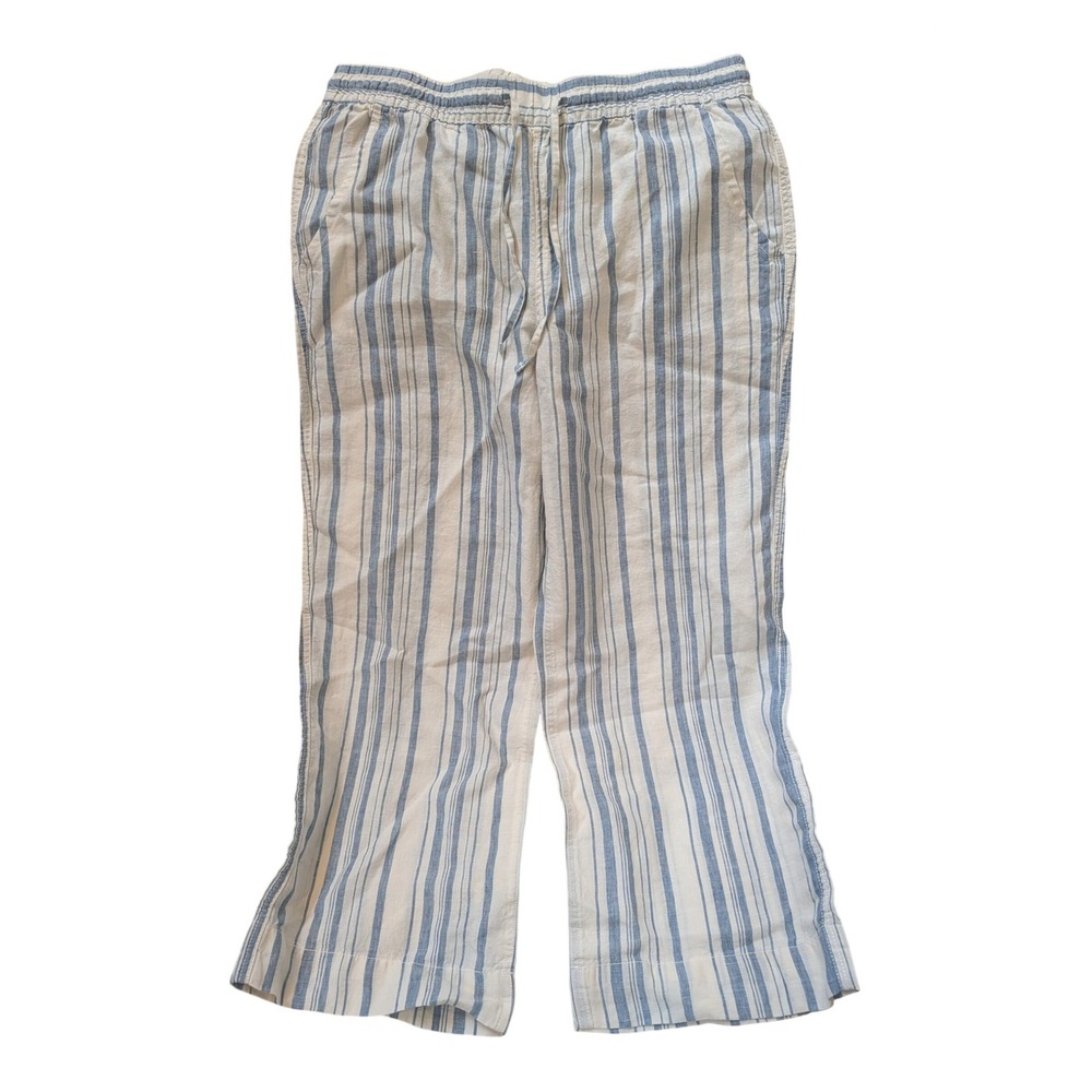LL‎ Bean Premium Linen Breezy Pull-On Striped Pants Blue White 10 Petite NEW